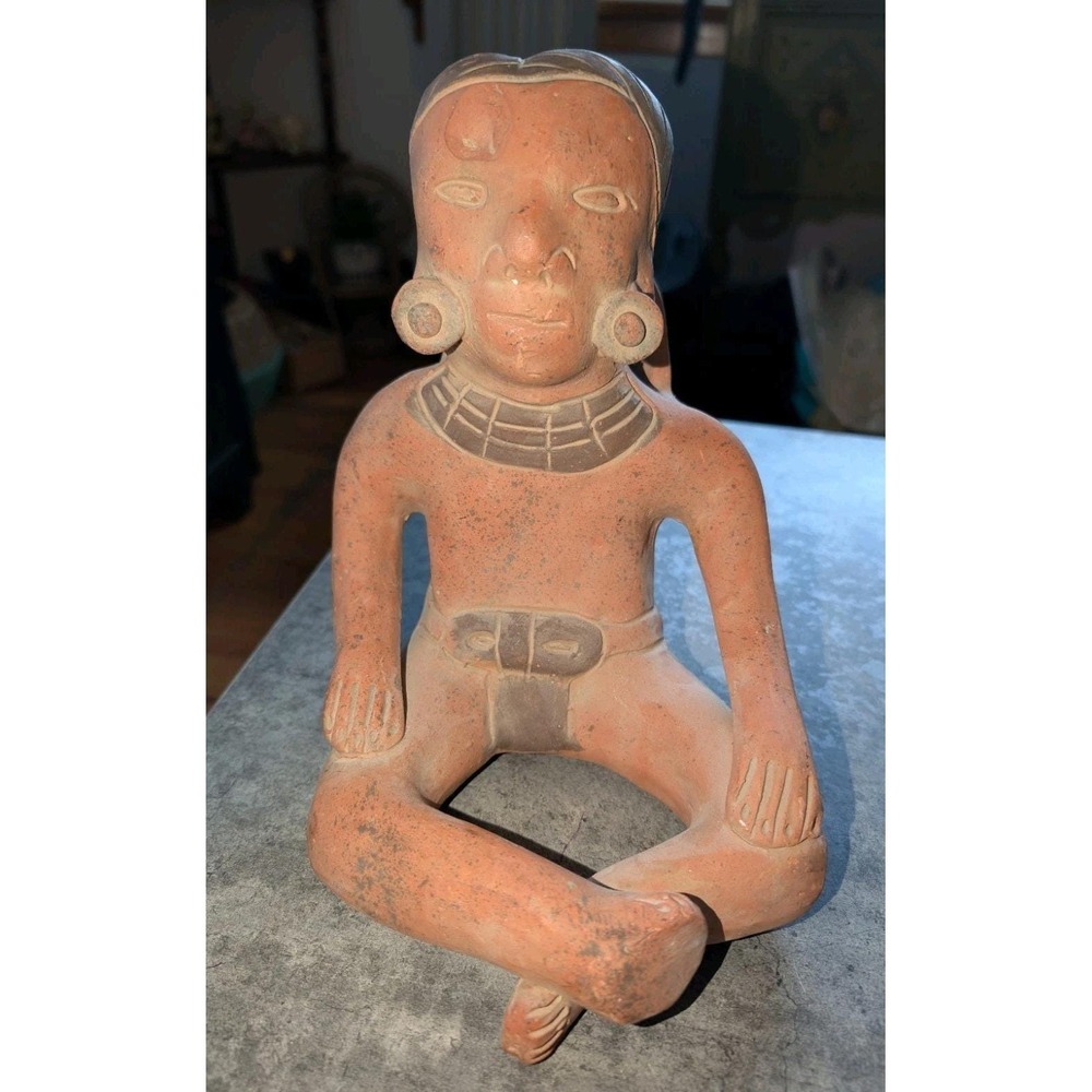 Vintage Mexican Terracotta Folk Art Seated Aztec Mayan Warrior Planter Statue 9"